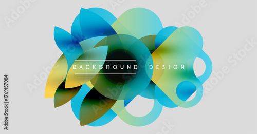 Abstract colorful shapes overlap, creating dynamic background design. Soft gradients blend blues, greens, yellows. Text reads background design.