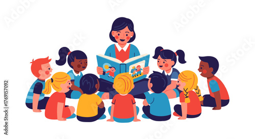 A Teacher Reading A Book To A Group Of Children In A Collaborative Educational Setting