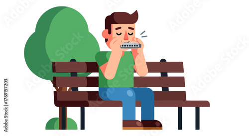 A Young Man Playing Harmonica in a Park Enjoying a Calm Melodious Tune