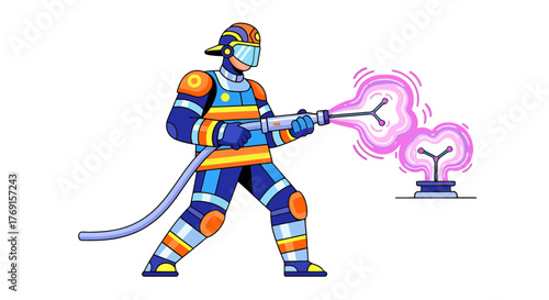 Abstract Firefighter Illustration Amidst Black, Futuristic Design Pumping Pink Energy Efficiently