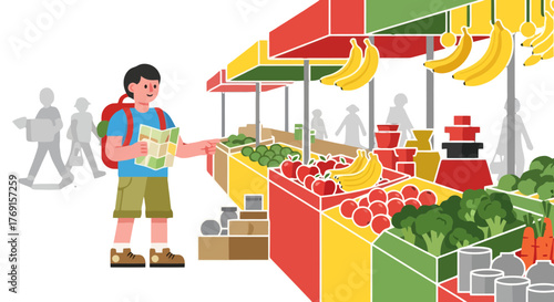 A Curious Traveler Explores Local Market Stalls Seeking Delicious Fresh Products In Town