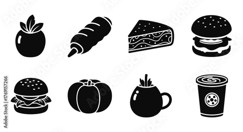 A collection of simple black and white food and drink icons