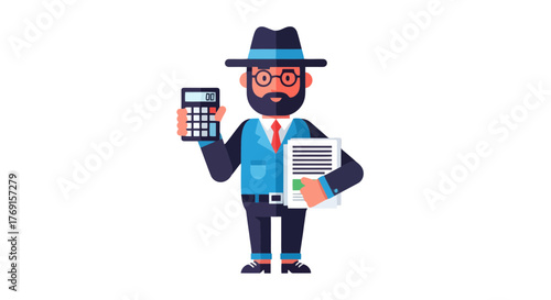 Accountant Holding Calculator and Documents on Black Background Illustration