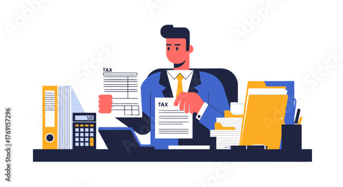 Accountant Filing Tax Documents and Reviewing Financial Details At His Desk