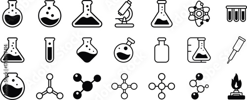 Chemist vector icons set with flask, test tube, beaker, molecule, and microscope