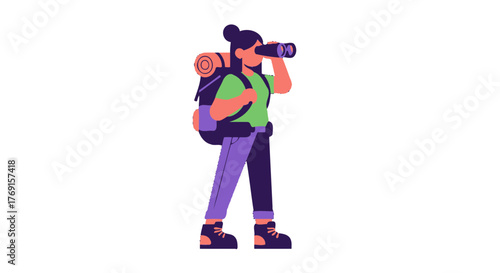Adventurous Explorer Observing the Terrain With Binoculars During a Hike Adventure