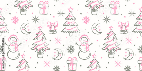 Seamless Christmas vector pattern with pink and gray chalk drawings of snowmen, Christmas trees, gifts, bows, bells, moons and snowflakes. Cute festive winter illustration for wrapping paper 