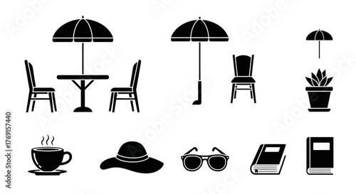 Simple black and white icons depicting outdoor cafe and leisure items