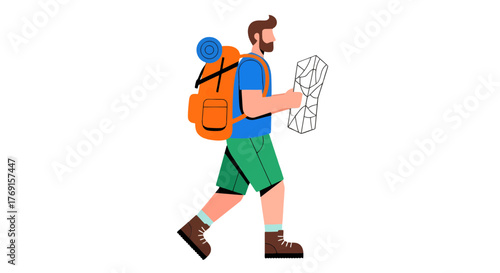 Adventurous Traveler Hiking With Backpack And Map On Journey Towards Black Background