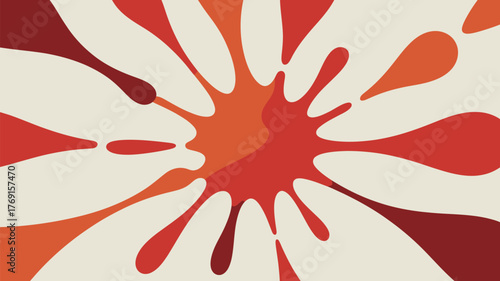 Abstract splash design with shades of red and orange radiating outwards on a cream colored background