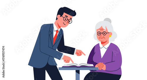 Advising The Elderly: A Business Representative Explains Guidelines To A Senior Lady, Close-Up
