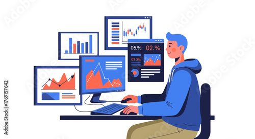 Analyst Working On Multiple Screens Displaying Financial Data And Charts
