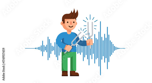 A Person Holding Tuning Fork Producing Sound Waves on a Black Background