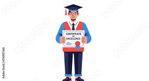 A Person In A Graduation Outfit Holding An Excellence Certificate Illustration