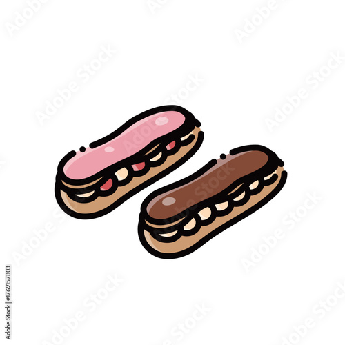 This set features 2 éclair desserts in strawberry and chocolate flavors. Ideal for food or tea time designs, with scalable vectors.