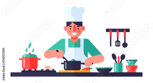 Animated Chef Preparing Food in Kitchen, Cooking Lunch or Dinner, Vector Illustration