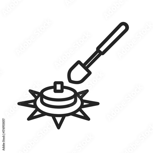 Minimal line icon of landmine with shovel, symbolizing demining operations, military danger, and explosive ordnance disposal