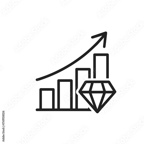 Minimal line icon of premium market growth with rising bar chart and diamond symbol, representing global wealth, premium industry, and economic progress