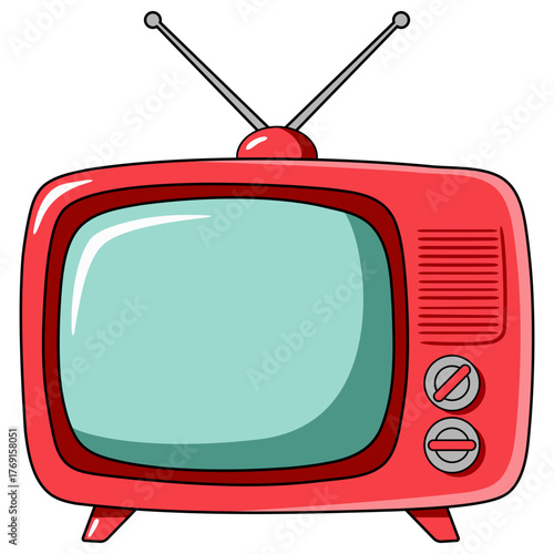 Red retro television set with antenna and screen. Vintage media entertainment device for nostalgic content.