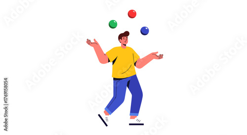 A Person Skilled In Juggling With Brightly Colored Spheres Against A Darkened Background