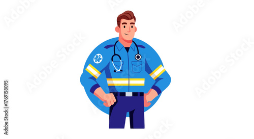 Animated Paramedic in Uniform Standing Ready to Provide Medical Care and Assistance Immediately