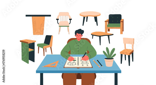 Architect Designing Furniture in Studio with Wooden Chairs in Illustrative and Colorful Graphic