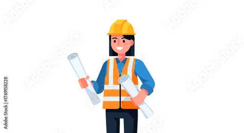 Architect Wearing Safety Gear Presenting Plans, Construction Worker Illustration On Black Background