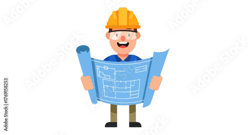 Architect With Blueprint Reveals Excitement In Construction Career With Safety Gear