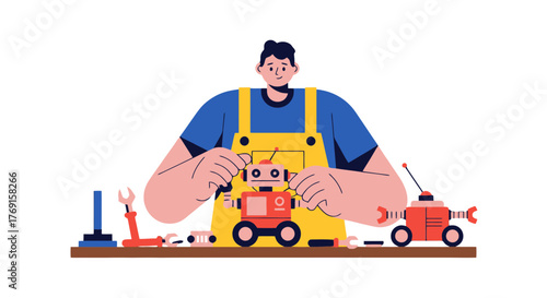 A Robotic Technician Crafting An Android: Innovation, Engineering, and Technological Assembly