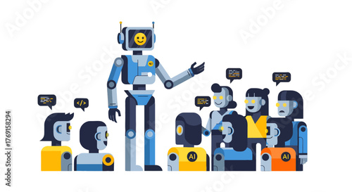 Artificial Intelligence Robot Leading And Teaching A Group Of Individuals In A Presentation