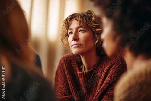 Thoughtful woman in a cozy rust sweater listening in a supportive group — intimate portrait of reflection, empathy and connection in warm natural light