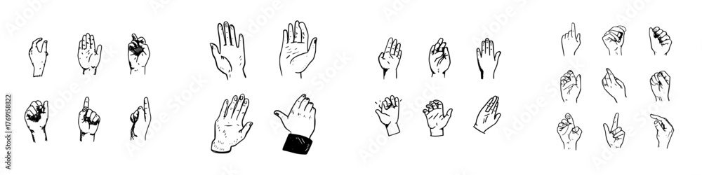 Fototapeta premium Assortment of hand gestures and non-verbal communication signs in sketch style