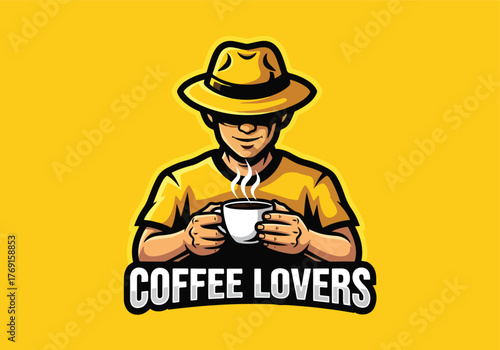 Cool coffee lover mascot with hat and coffee cup logo - Gaming logo - Gaming Mascot - esport mascot stock illustration