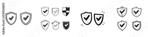 Hand drawn verified shield icons with checkmark symbols collection