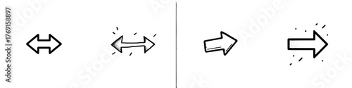 Hand drawn arrow icons set with double sided and single direction pointers