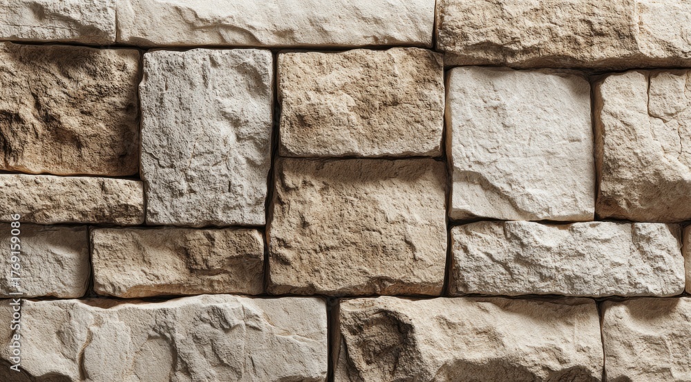 Fototapeta premium Close-up view of a stone wall. Beige and off-white rectangular blocks. Natural textures