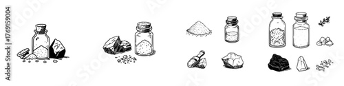 Assortment of herbs spices and mineral rocks displayed in glass bottles and loose