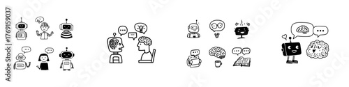 Doodle icons showing robots and human brains communicating and processing thoughts