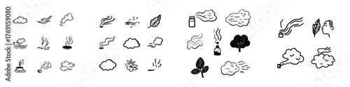 Aromatherapy and scent icons set with smoke, vapor, and natural elements