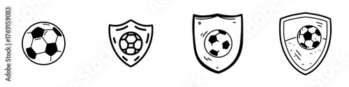 Doodle icons set with soccer balls and heraldic shields