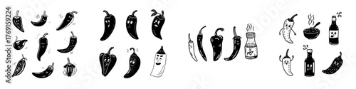 Assortment of cartoon chili peppers with various expressions and hot sauce