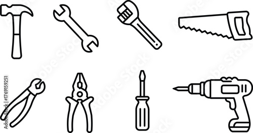 Hand Tool Line Icon Set