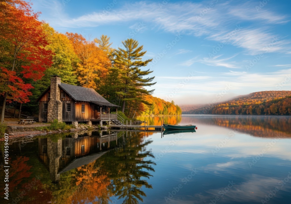 Obraz premium Serene lakeside cabin amidst vibrant autumn foliage and calm water reflections