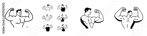 Muscular men flexing biceps in various dynamic poses