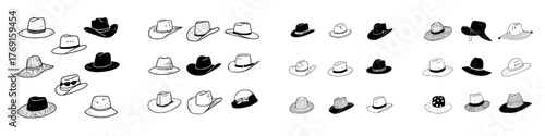 Assortment of cowboy and wide brim hats in black and white outline drawing