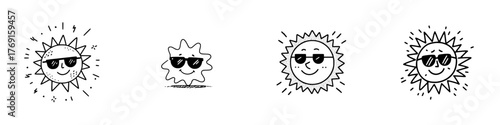 Four doodle style smiling sun icons wearing dark sunglasses