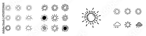 Hand drawn doodle icons set featuring sun and cloud weather symbols