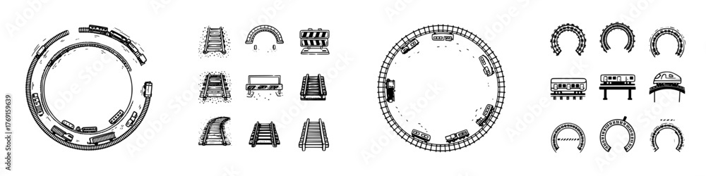 Fototapeta premium Collection of hand drawn black and white railway track elements and rolling stock