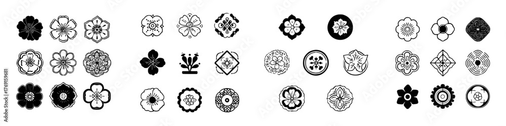 Traditional Japanese floral crests and emblems in black and white graphic style