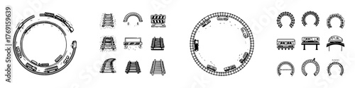 Collection of hand drawn black and white railway track elements and rolling stock